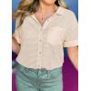 image:imageAstylish Womens Waffle Knit Button Down Shirts Tops Casual V Neck Short Folded Sleeve Dressy BlousesApricot