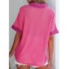 image:imageAstylish Womens Waffle Knit Button Down Shirts Tops Casual V Neck Short Folded Sleeve Dressy BlousesRose Red