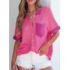 image:imageAstylish Womens Waffle Knit Button Down Shirts Tops Casual V Neck Short Folded Sleeve Dressy BlousesRose Red