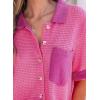 image:imageAstylish Womens Waffle Knit Button Down Shirts Tops Casual V Neck Short Folded Sleeve Dressy BlousesRose Red