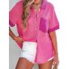 image:imageAstylish Womens Waffle Knit Button Down Shirts Tops Casual V Neck Short Folded Sleeve Dressy BlousesRose Red