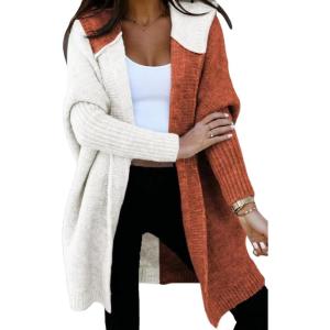 image:imageAstylish Women 2026 Fall Outfits Open Front Long Sleeve Hooded Knit Cardigan Sweaters Color Block Outwear CoatsBrown
