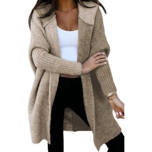 image:imageAstylish Women 2026 Fall Outfits Open Front Long Sleeve Hooded Knit Cardigan Sweaters Color Block Outwear CoatsDeep Khaki