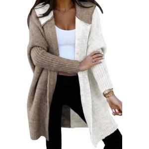 image:imageAstylish Women 2026 Fall Outfits Open Front Long Sleeve Hooded Knit Cardigan Sweaters Color Block Outwear CoatsKhaki