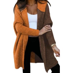 image:imageAstylish Women 2026 Fall Outfits Open Front Long Sleeve Hooded Knit Cardigan Sweaters Color Block Outwear CoatsZ Coffee
