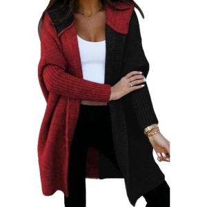 image:imageAstylish Women 2026 Fall Outfits Open Front Long Sleeve Hooded Knit Cardigan Sweaters Color Block Outwear CoatsZ Fiery Red