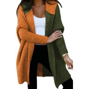 image:imageAstylish Women 2026 Fall Outfits Open Front Long Sleeve Hooded Knit Cardigan Sweaters Color Block Outwear CoatsZ Mustard