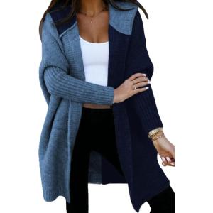 image:imageAstylish Women 2026 Fall Outfits Open Front Long Sleeve Hooded Knit Cardigan Sweaters Color Block Outwear CoatsZ Navy Blue