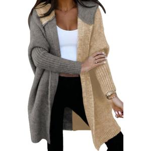 image:imageAstylish Women 2026 Fall Outfits Open Front Long Sleeve Hooded Knit Cardigan Sweaters Color Block Outwear CoatsZ Parchment