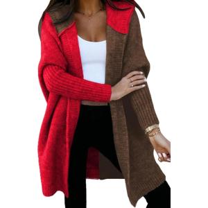 image:imageAstylish Women 2026 Fall Outfits Open Front Long Sleeve Hooded Knit Cardigan Sweaters Color Block Outwear CoatsZ Racing Red