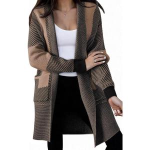 image:imageAstylish Women Open Front Long Sleeve Cardigan Casual Knit Sweaters Color Block Fall Outfits with PocketsBlack
