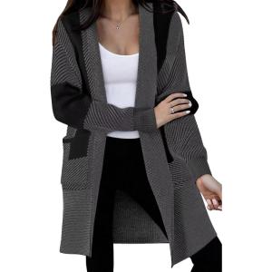 image:imageAstylish Women Open Front Long Sleeve Cardigan Casual Knit Sweaters Color Block Fall Outfits with PocketsZ Black Gray