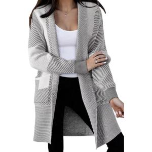 image:imageAstylish Women Open Front Long Sleeve Cardigan Casual Knit Sweaters Color Block Fall Outfits with PocketsZ Gray