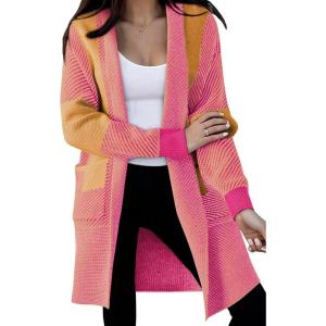 image:imageAstylish Women Open Front Long Sleeve Cardigan Casual Knit Sweaters Color Block Fall Outfits with PocketsZ Vitality Orange