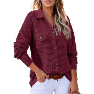 image:imageAstylish Women Waffle Knit Shacket Jacket Casual Long Sleeve Sweater Button Down Shirts Dressy Blouse TopsBurgundy