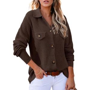 image:imageAstylish Women Waffle Knit Shacket Jacket Casual Long Sleeve Sweater Button Down Shirts Dressy Blouse TopsCoffee