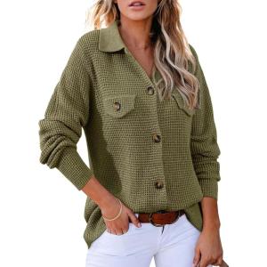 image:imageAstylish Women Waffle Knit Shacket Jacket Casual Long Sleeve Sweater Button Down Shirts Dressy Blouse TopsJungle Green