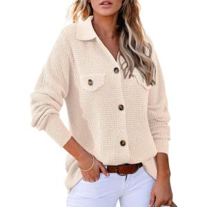 image:imageAstylish Women Waffle Knit Shacket Jacket Casual Long Sleeve Sweater Button Down Shirts Dressy Blouse TopsOatmeal