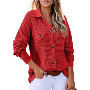 image:imageAstylish Women Waffle Knit Shacket Jacket Casual Long Sleeve Sweater Button Down Shirts Dressy Blouse TopsRacing Red