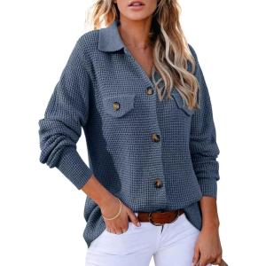 image:imageAstylish Women Waffle Knit Shacket Jacket Casual Long Sleeve Sweater Button Down Shirts Dressy Blouse TopsT Light Blue