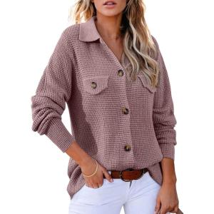 image:imageAstylish Women Waffle Knit Shacket Jacket Casual Long Sleeve Sweater Button Down Shirts Dressy Blouse TopsT Pink