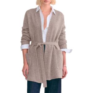image:imageAstylish Womens Open Front Long Sleeve Belted Knit Cardigan Sweaters Trendy 2025 Outwear Coats with PocketsParchment Khaki