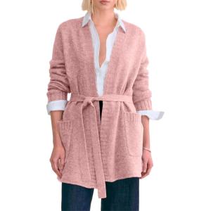 image:imageAstylish Womens Open Front Long Sleeve Belted Knit Cardigan Sweaters Trendy 2025 Outwear Coats with PocketsPink