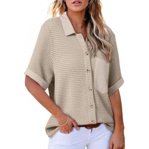 image:imageAstylish Womens Waffle Knit Button Down Shirts Tops Casual V Neck Short Folded Sleeve Dressy BlousesApricot