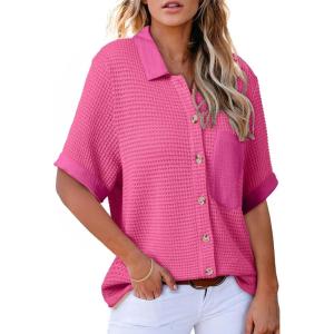 image:imageAstylish Womens Waffle Knit Button Down Shirts Tops Casual V Neck Short Folded Sleeve Dressy BlousesRose Red