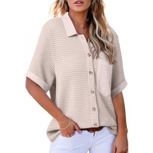 image:imageAstylish Womens Waffle Knit Button Down Shirts Tops Casual V Neck Short Folded Sleeve Dressy BlousesWhite