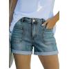 image:imageAstylish Womens Jean Shorts Casual Buttoned High Waisted Stretchy Patch Pocket Trendy Cuffed Denim ShortsAshleigh Blue