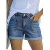 image:imageAstylish Womens Jean Shorts Casual Buttoned High Waisted Stretchy Patch Pocket Trendy Cuffed Denim ShortsNavy Blue