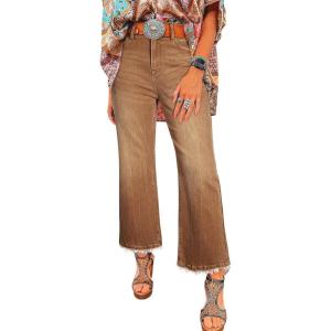 image:imageAstylish Womens High Waisted Jeans Stretchy Flared Straight Leg Loose Trendy Raw Hem Denim PantsBrown