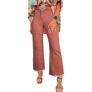 image:imageAstylish Womens High Waisted Jeans Stretchy Flared Straight Leg Loose Trendy Raw Hem Denim PantsMineral Red