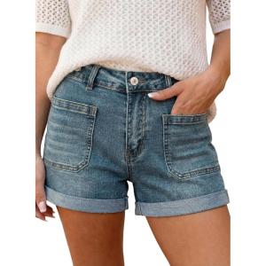 image:imageAstylish Womens Jean Shorts Casual Buttoned High Waisted Stretchy Patch Pocket Trendy Cuffed Denim ShortsAshleigh Blue
