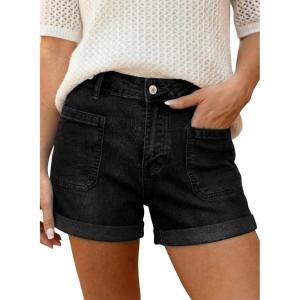 image:imageAstylish Womens Jean Shorts Casual Buttoned High Waisted Stretchy Patch Pocket Trendy Cuffed Denim ShortsBlack