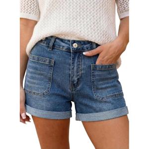 image:imageAstylish Womens Jean Shorts Casual Buttoned High Waisted Stretchy Patch Pocket Trendy Cuffed Denim ShortsNavy Blue