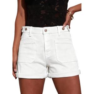 image:imageAstylish Womens Jean Shorts Casual Buttoned High Waisted Stretchy Patch Pocket Trendy Cuffed Denim ShortsWhite