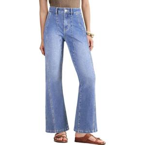 image:imageAstylish Womens Trendy Wide Leg Jeans High Waisted Stretchy Ankle Bootcut Jeans Straight Denim Pants with Slanted PocketsBeau Blue