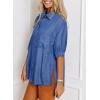 image:imageAstylish Women 2025 Denim Shirt Summer Oversized Short Sleeve V Neck Button Down Chambray Blouse Top with PocketSail Blue
