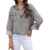 image:imageAstylish Women Button Down Denim Shirts Casual Long Sleeve V Neck Chambray Blouse TopT Light Grey