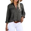 image:imageAstylish Women Button Down Denim Shirts Casual Long Sleeve V Neck Chambray Blouse TopZ Medium Grey