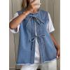 image:imageAstylish Womens Distressed Denim Vest Cute Bow Tie Henley Chambray Jeans Casual Sleeveless Trendy Jean Top ShirtsBeau Blue