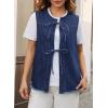 image:imageAstylish Womens Distressed Denim Vest Cute Bow Tie Henley Chambray Jeans Casual Sleeveless Trendy Jean Top ShirtsDark Blue