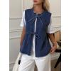 image:imageAstylish Womens Distressed Denim Vest Cute Bow Tie Henley Chambray Jeans Casual Sleeveless Trendy Jean Top ShirtsDark Blue
