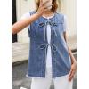 image:imageAstylish Womens Distressed Denim Vest Cute Bow Tie Henley Chambray Jeans Casual Sleeveless Trendy Jean Top ShirtsLight Blue
