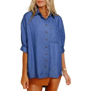 image:imageAstylish Women 2025 Denim Shirt Summer Oversized Short Sleeve V Neck Button Down Chambray Blouse Top with PocketSail Blue