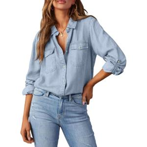 image:imageAstylish Women Button Down Denim Shirts Casual Long Sleeve V Neck Chambray Blouse TopBeau Blue
