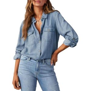 image:imageAstylish Women Button Down Denim Shirts Casual Long Sleeve V Neck Chambray Blouse TopDusk Blue