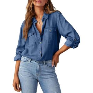 image:imageAstylish Women Button Down Denim Shirts Casual Long Sleeve V Neck Chambray Blouse TopSail Blue